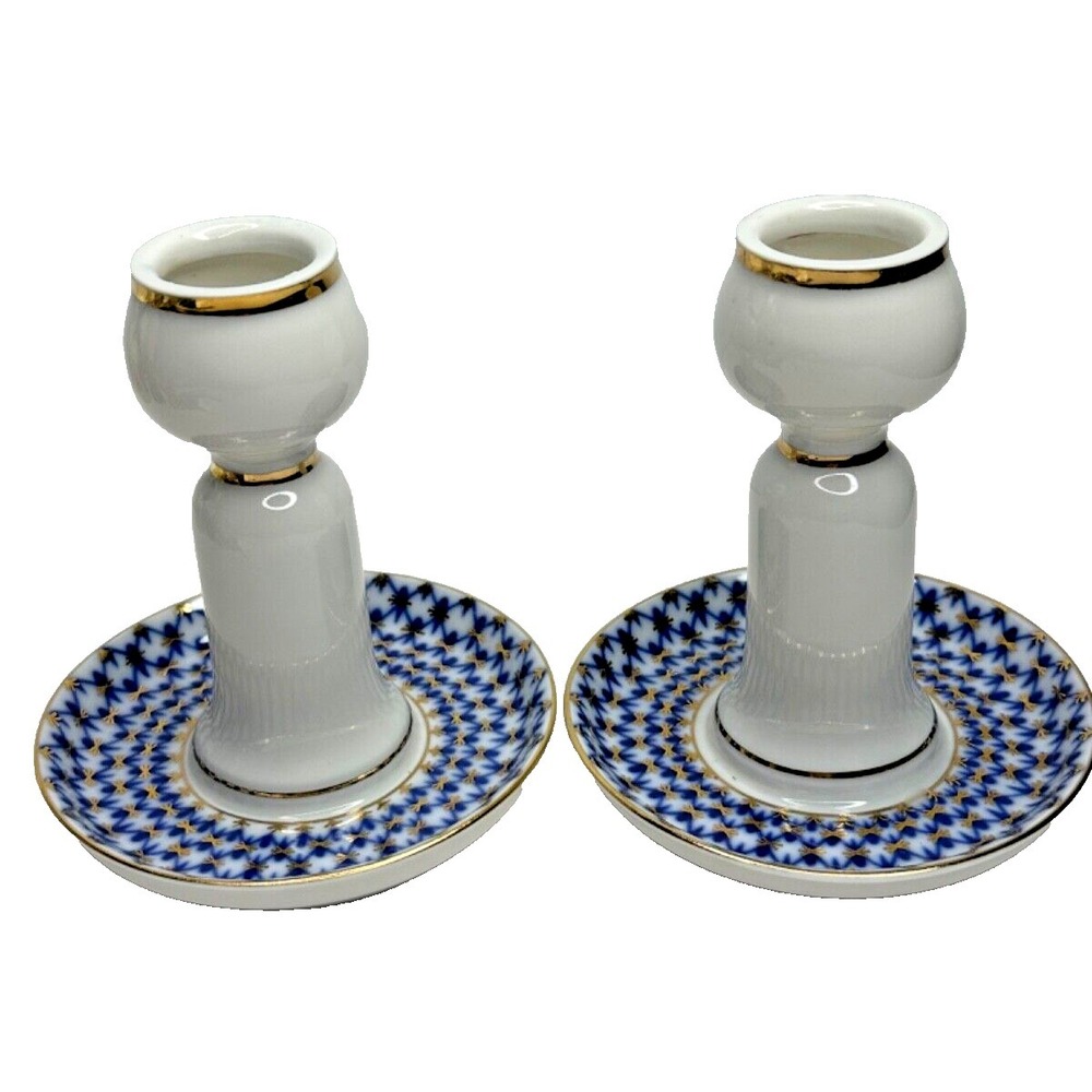 Lomonosov Cobalt Blue Net Candle Holders Set Russia 22K Gold Plating